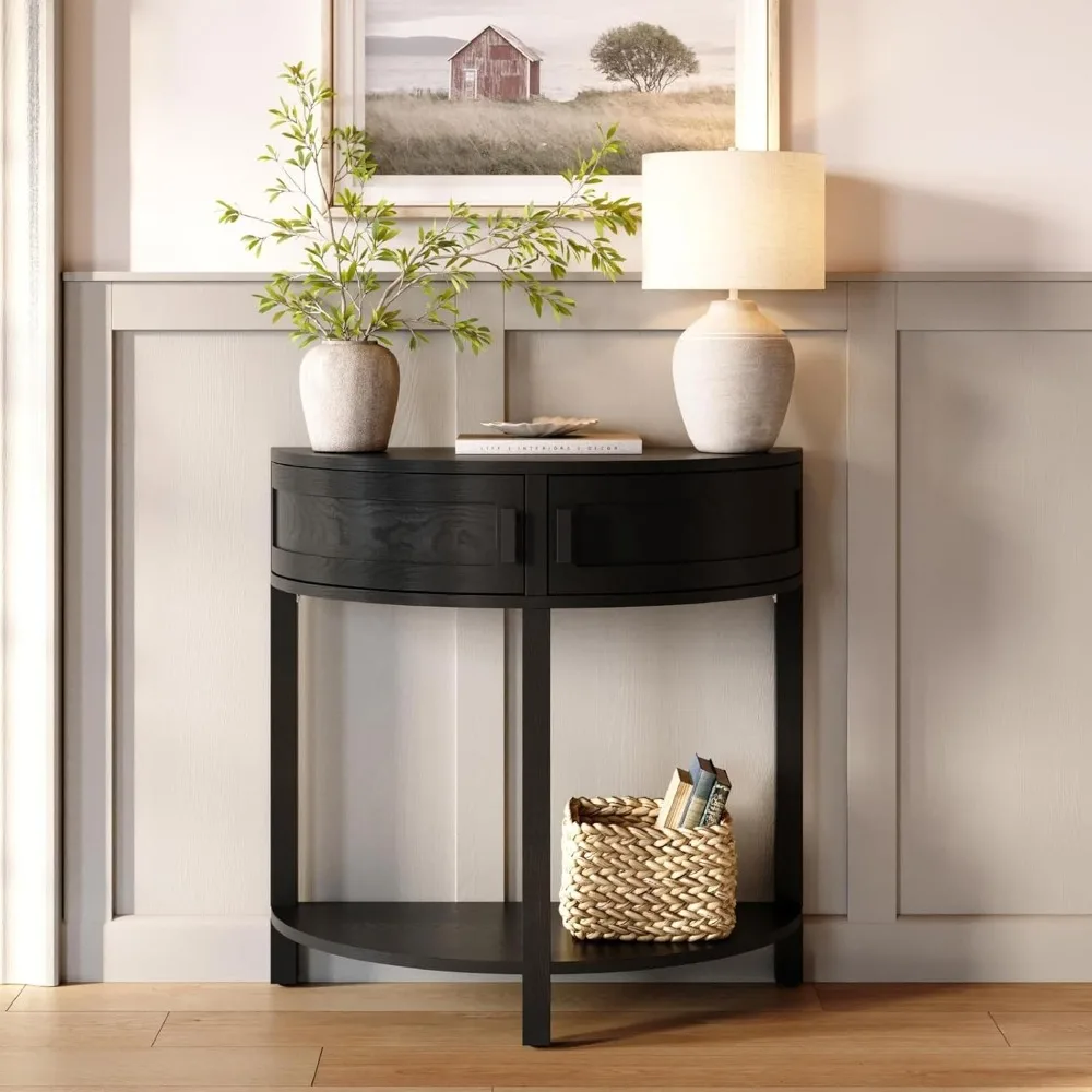 

Rustic Blackened Oak Farmhouse Half Moon Console Table with Storage and Black Knobs for Hallway and Entryway