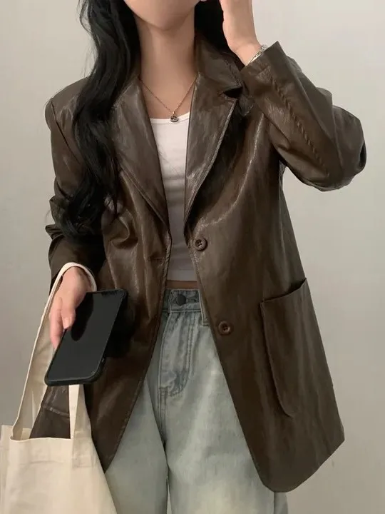 بدلة ريترو Sle من جلد البولي يوريثان Jaet للسيدات فضفاضة طويلة Sve ملابس خارجية أنيقة لخريف وشتاء ملمس راقي