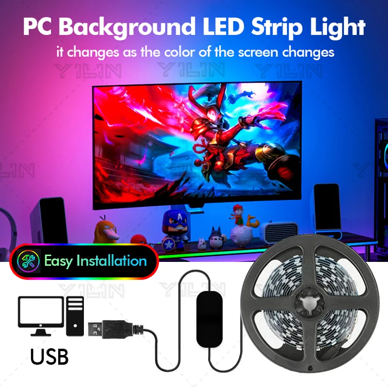 

Immersive RGBIC LED Strips USB 5V PC Background Computer Light Strip Monitor Screen Color Sync Smart Control Ambient Decor Lamp