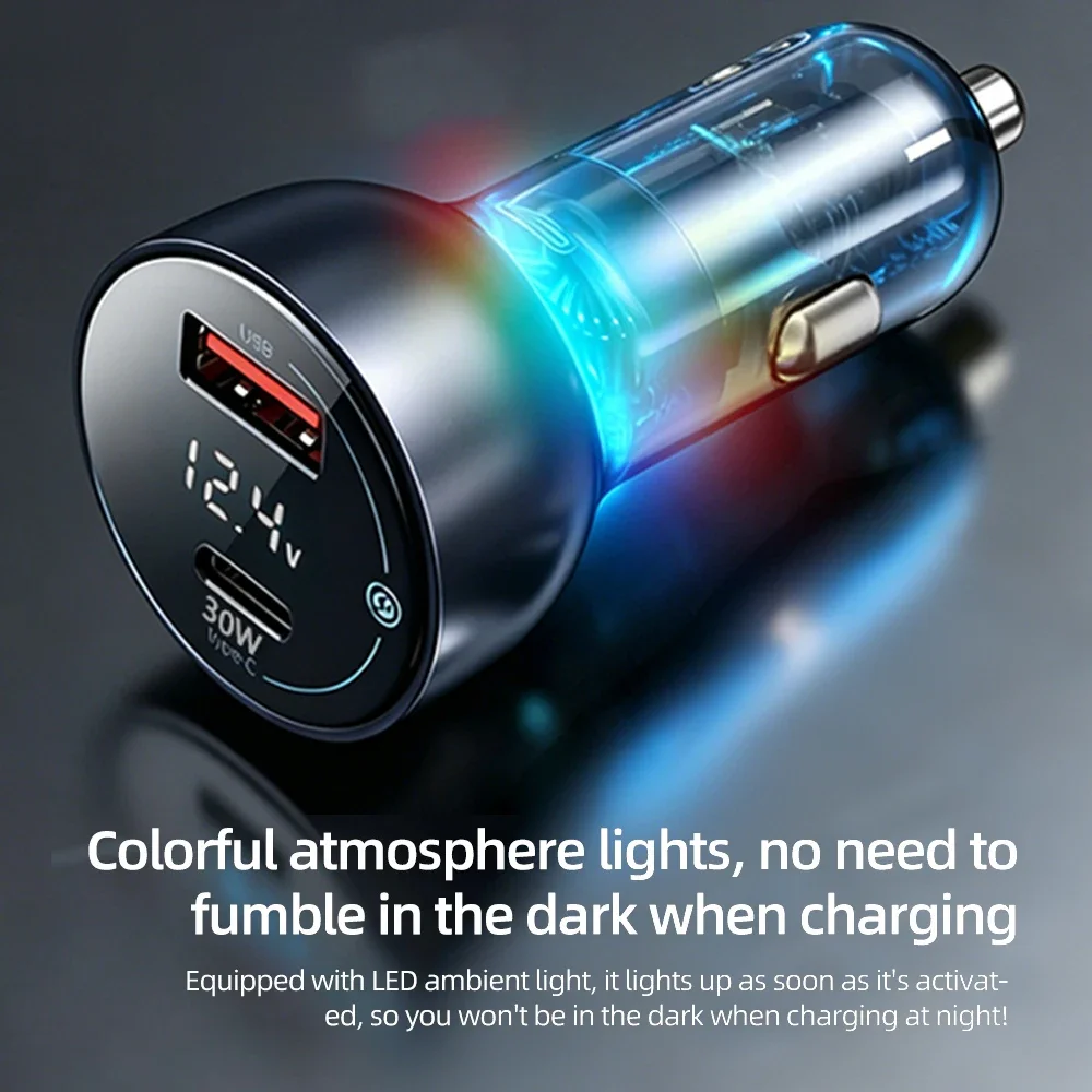 Digital Car Charger 60W PD+QC3.0 Dual Ports Type C USB Fast Charging Adapter with Voltmeter & On/off Switch & RGB Ambient Light view 6