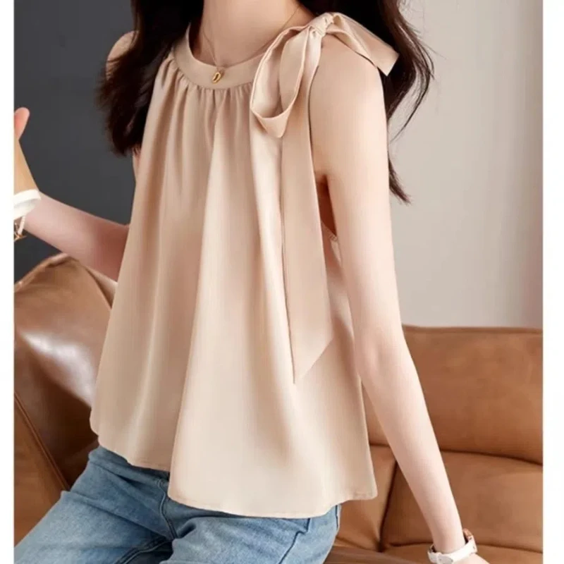 Fashion Chiffon Shirt Tops Summer New Sleeveless Solid Color Bandage Solid Loose Sweet Blouse Elegant Temperament Women Clothing