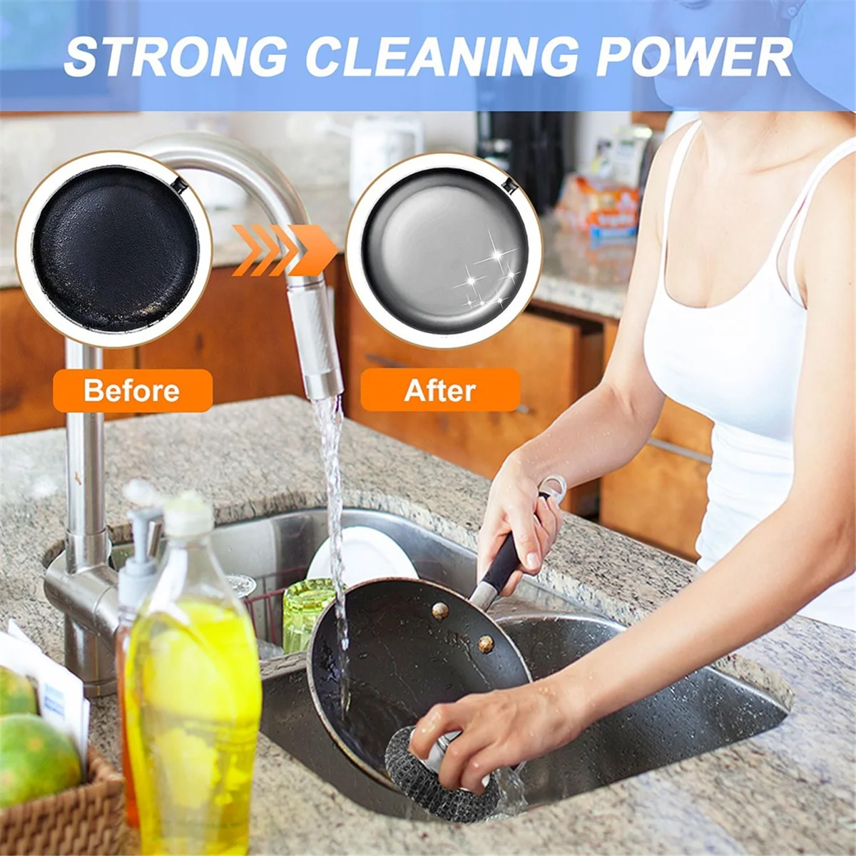 AB51 2 Buah Penggosok Baja Tahan Karat dengan Pegangan, 4 Penggosok Pengganti, untuk Membersihkan Besi Cor, Piring, Panci Dapur, Pemanggang