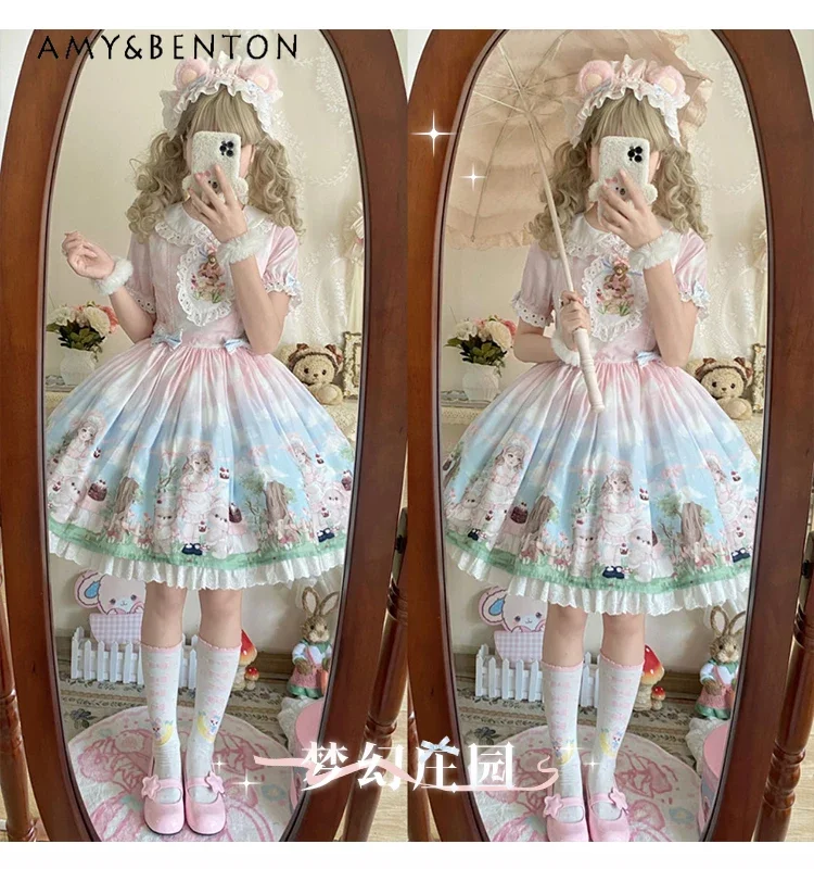 

Kawaii Cartoon Print Princess Lolita Dresses Summer New Sweet Cute Doll Collar Bow Short Sleeve Lace Up Slim Ball Gown Dress