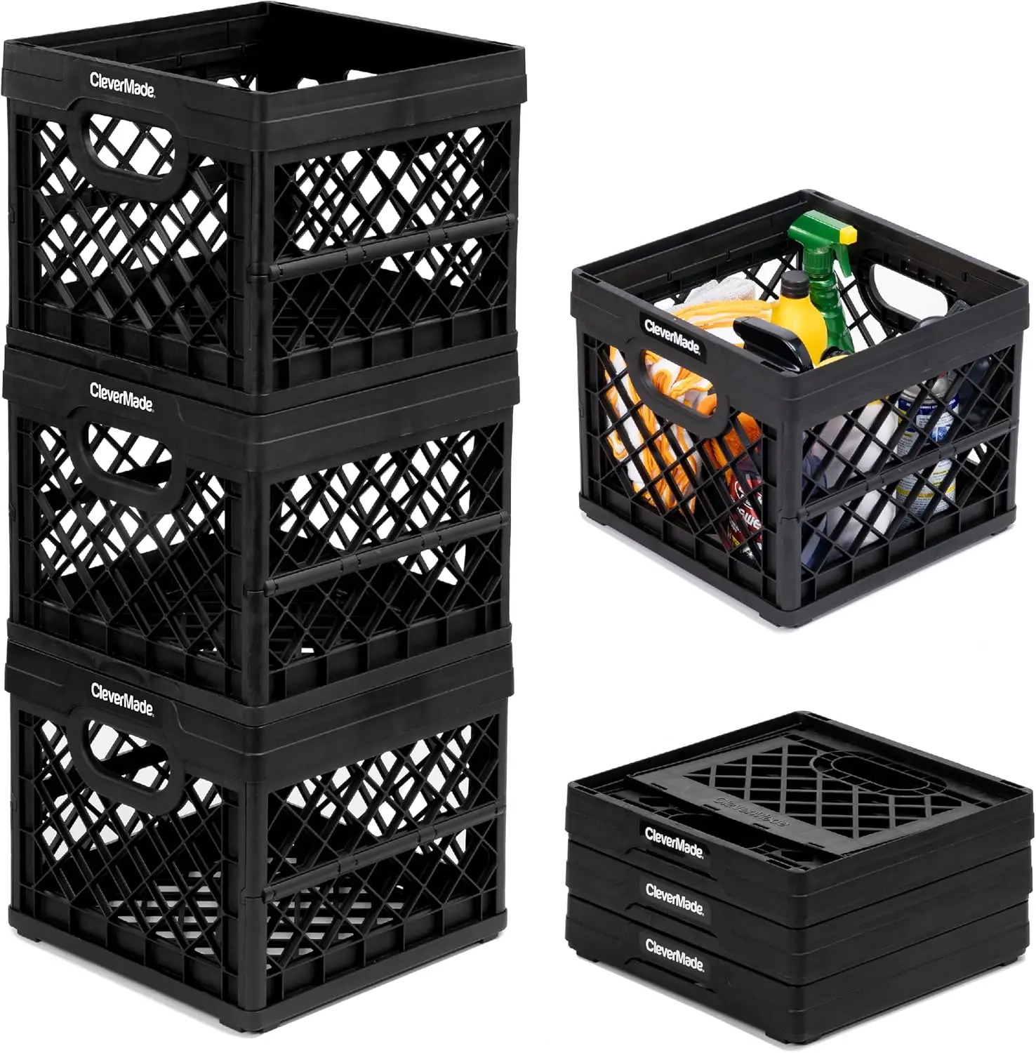 

Collapsible Milk Crate, Black, 3PK - 25L (6 Gal) Stackable Storage Bins, Holds 50lbs Per Bin - Clevercrates are Heavy Duty