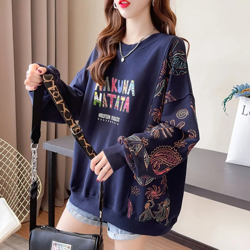 New Spring and Autumn Fashion Korean Edition Patchwork Printed Round Neck Loose Size Foreigner Slim Women\'s Long Sleeve Sweater