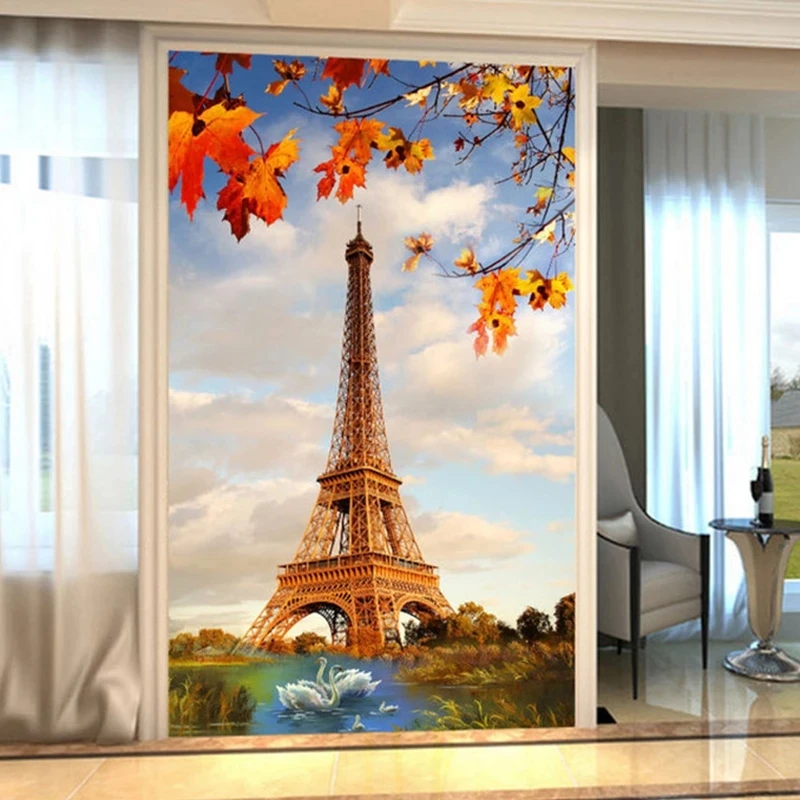papel-de-parede-personalizado-romantico-com-folhas-de-bordo-lago-dos-cisnes-e-torre-eiffel-para-decoracao-de-hotel-restaurante-sala-de-estar-e-entrada-mural-3d
