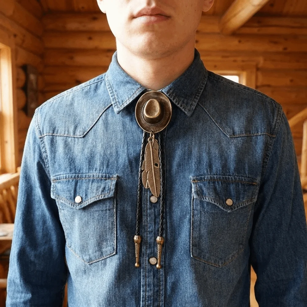 Novelty Vintage Western Cowboy Hat Necklace Leather Rope Adjustable Long Pendant Chain Unisex Alloy Metal Feather Necktie Party