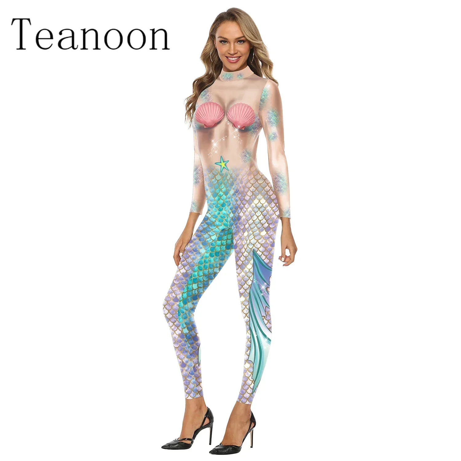 Mermaid Cosplay Costume Woman Fashion Zentai Bodysuit Fish Scale Printed Disguisement Jumpsuit Holiday Spandex Fitness Outfit