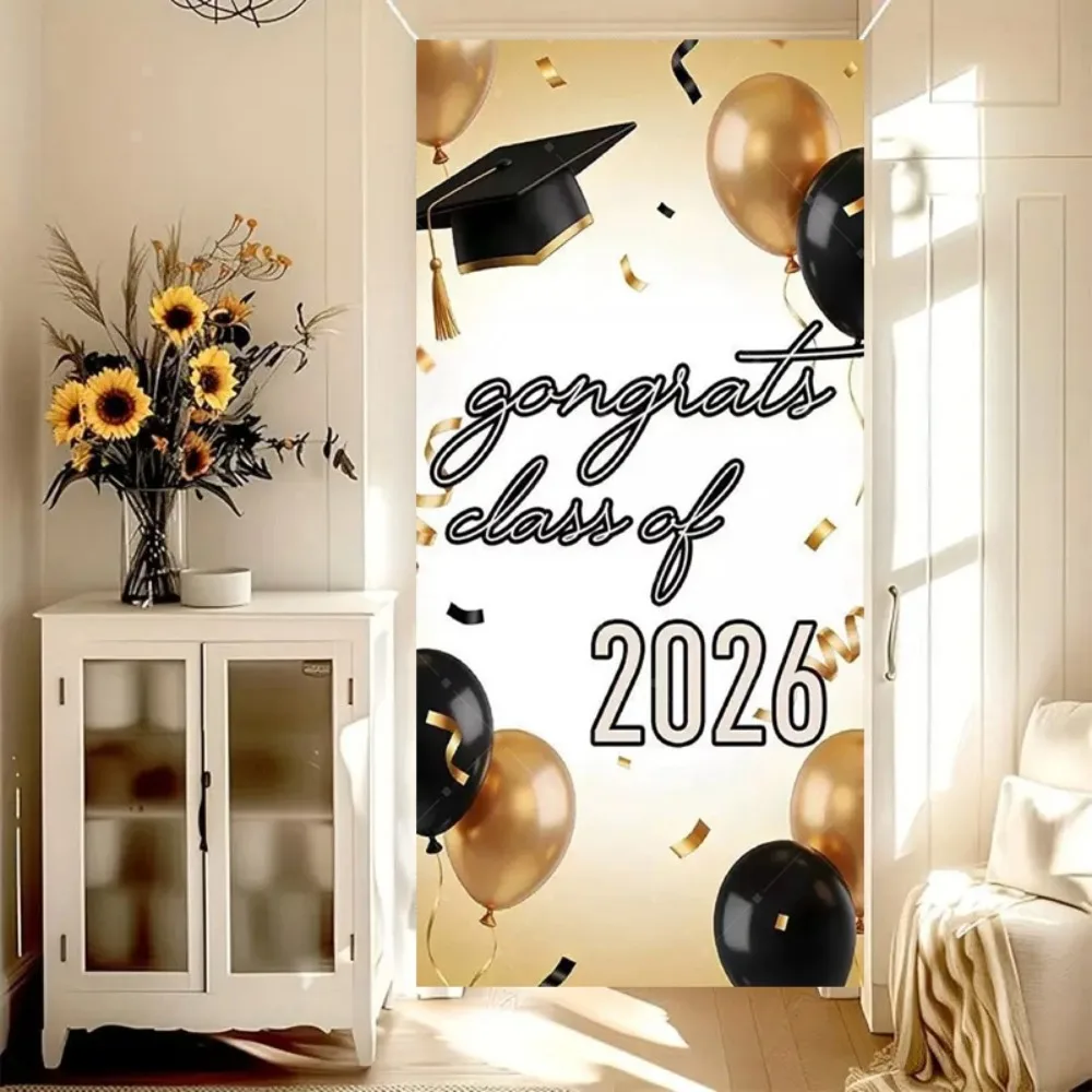 Black and Gold Balloon Bachelor Hat Themed Door Flag Background, Graduation Celebration Party Decoration Photography Background