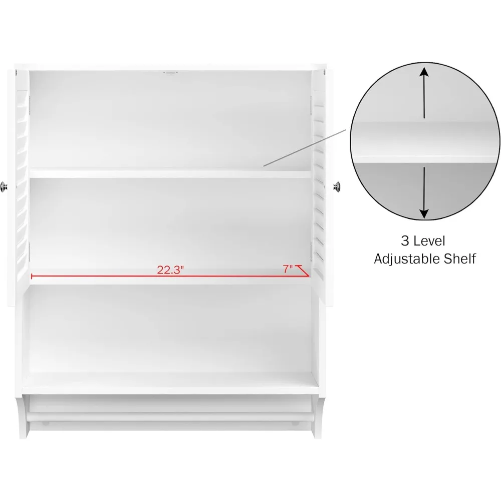 Стильный белый настенный шкаф для ванной комнаты с жалюзи, вешалкой для полотенец и регулируемыми полками для небольших домов