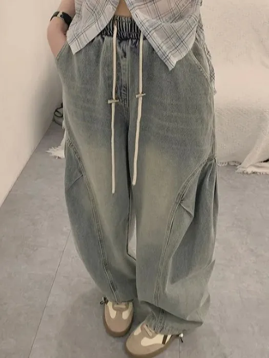 

Retro Waed Wide Leg Loose Fit Jeans Wear Resistance Workwear Sle Dstring Waist Casual Fem Denim Pants