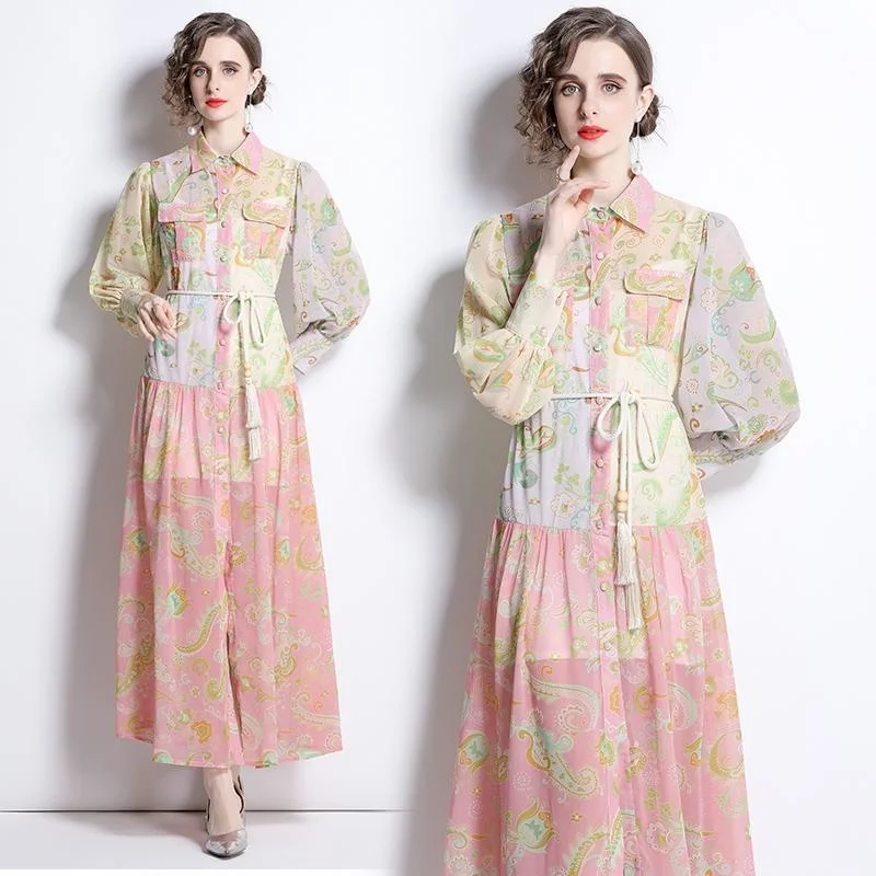 

Long Elegant Lantern Sleeve Women Spring Dresses Pink And Green Color Patchwork Loose Single Breasted Casual Vestidos With Belt