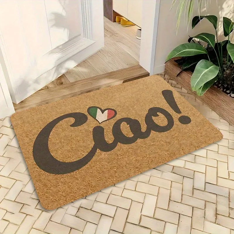 Ciao! Welcome Doormat Brown Letter & Heart Design - Non-Slip Backing, Machine Washable Heavy Duty Polyester Rug for Entryway
