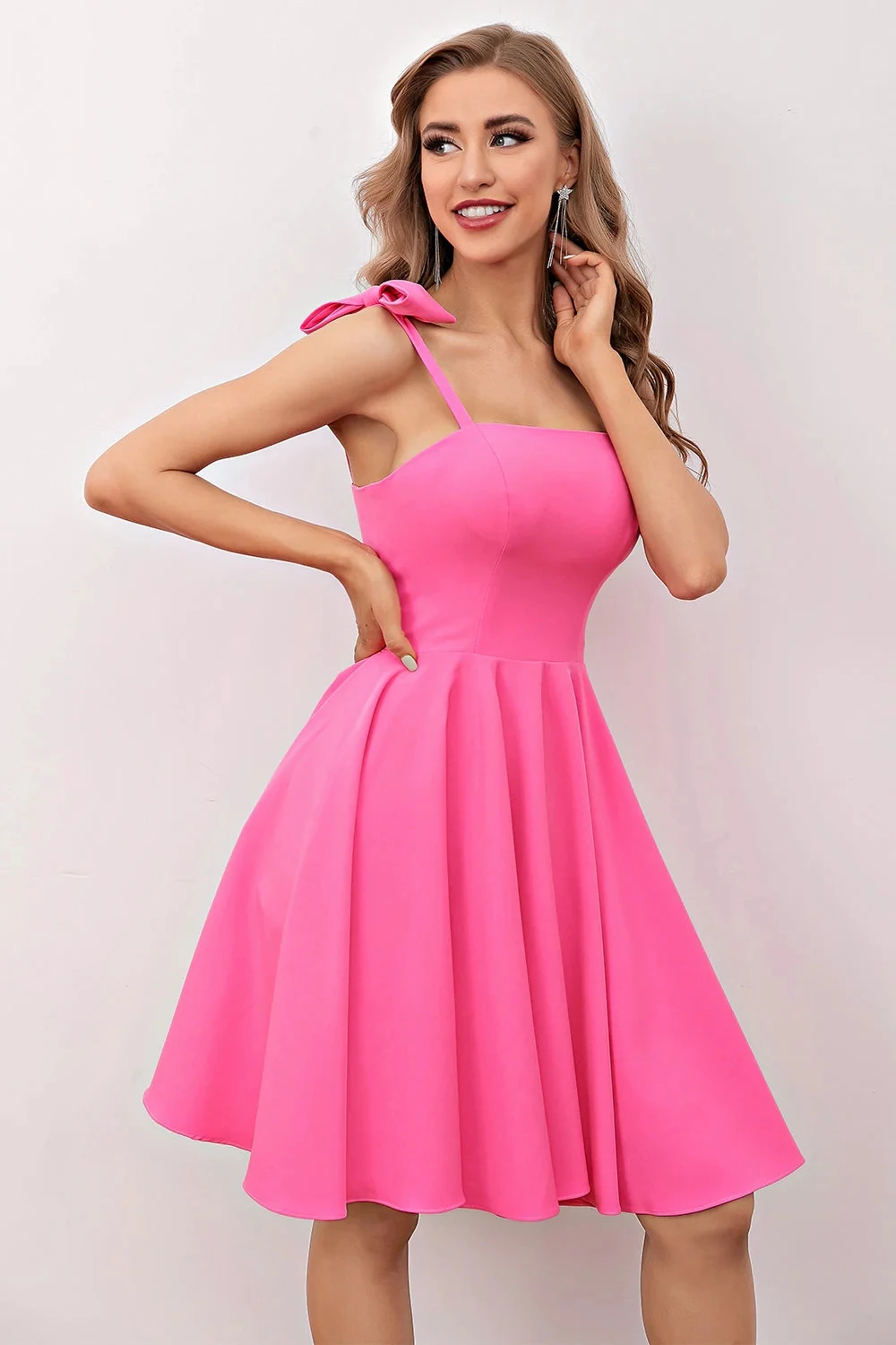 

Women's Bow Spaghetti Straps Cocktail Prom Dress for Teens Girls فساتين السهرة Mini Pink Square Collar A-Line vestido de festa