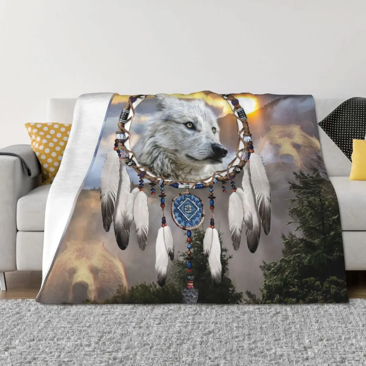 

Wolf, Bear and Dream Catcher Throw Blanket Plaid Designers Hair sofa bed Blankets