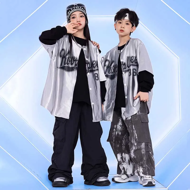 Hip Hop Dance Kostüm Junge Oversize Silber Hemd Street Dance Outfit Shuffle Hosen Mädchen Jazz Dancewear Cooles Kind Streetwear 1597
