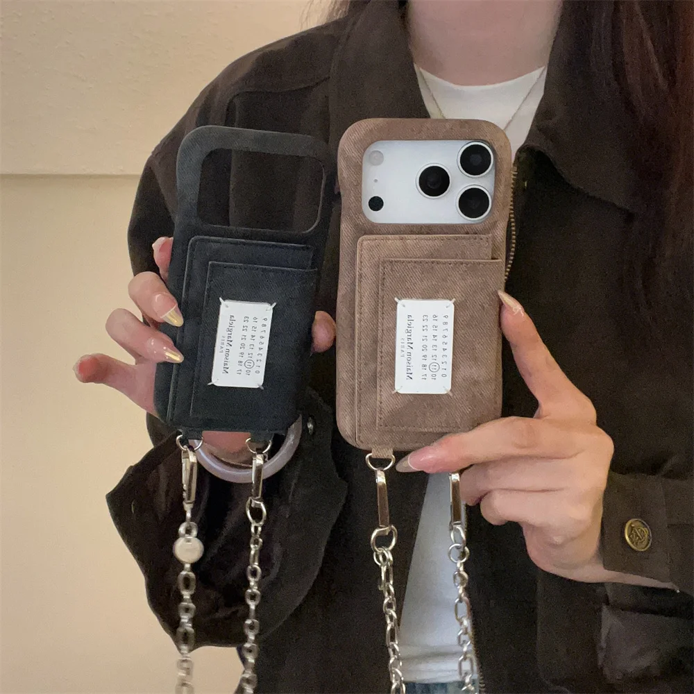 

Luxury fashion leather card bag crossbody phone case for iPhone 17 Pro Max 12 13 14 15 16 Back Cover with metal chain Fundas Cas