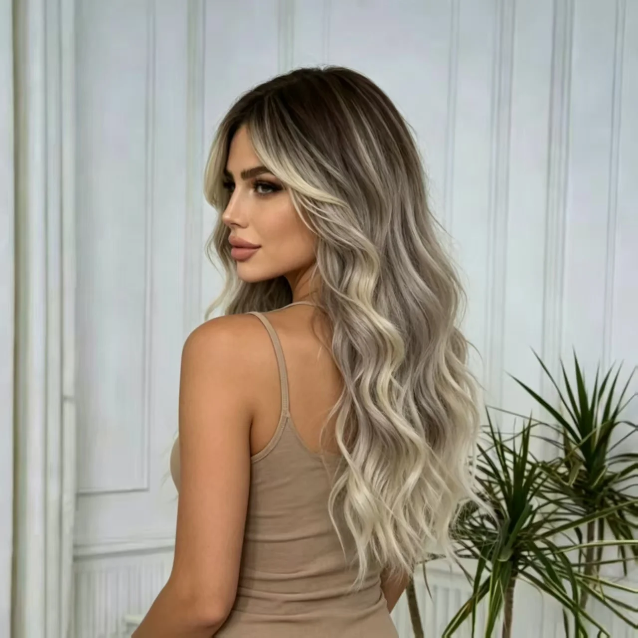 JOVIA Large Waves Eight Pointed Bangs Black Gradient to Gray Long Curly Fake Wig Daily Cosplay High Temperature Natural FakeHair