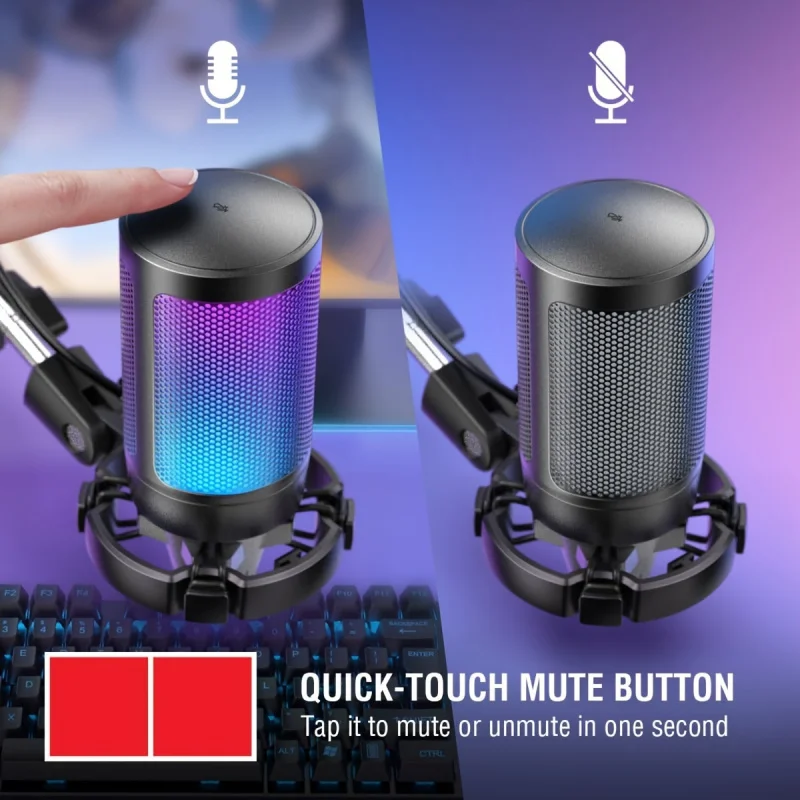لعبة ComputerUSBMicrophone، ميكروفون مكثف بودكاست مع حامل للذراع، غطاء سبيت، زر صامت، ليف مناسب