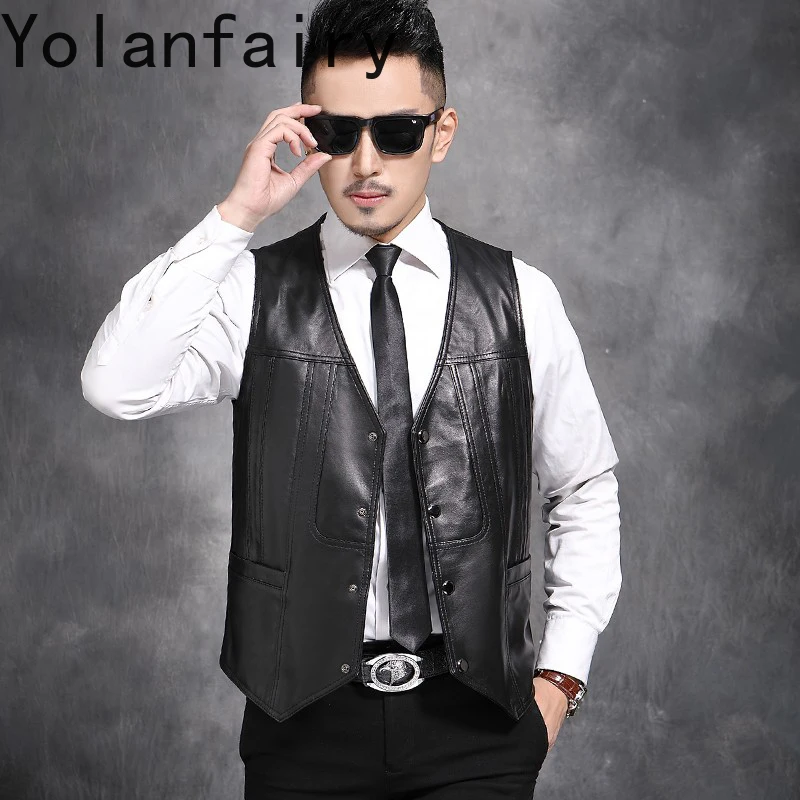 YOLANFAIRY 100% Genuine Leather Jacket Men Sleeveless Real Sheepskin Leather Vest Man Short Casual Black Waistcoat Veste Homme