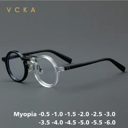 VCKA Round Vintage Acetate Glasses Frame Men Prescription Myopia Optical Retro Eyeglasses Women Luxury Eyewear -0.50 TO -10