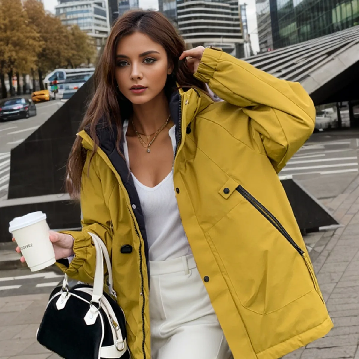 أنيق 2025 الشتاء المرأة سترة خارجية الإناث رشاقته الدافئة مقنعين سترة قطن المرأة سستة جيب سترات معاطف القمم #4