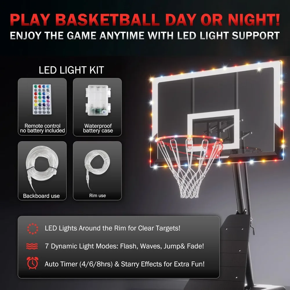 Verstelbaar 10FT basketbalsysteem voor buiten met LED-licht, duurzaam bord, draagbaar doel voor alle weersomstandigheden