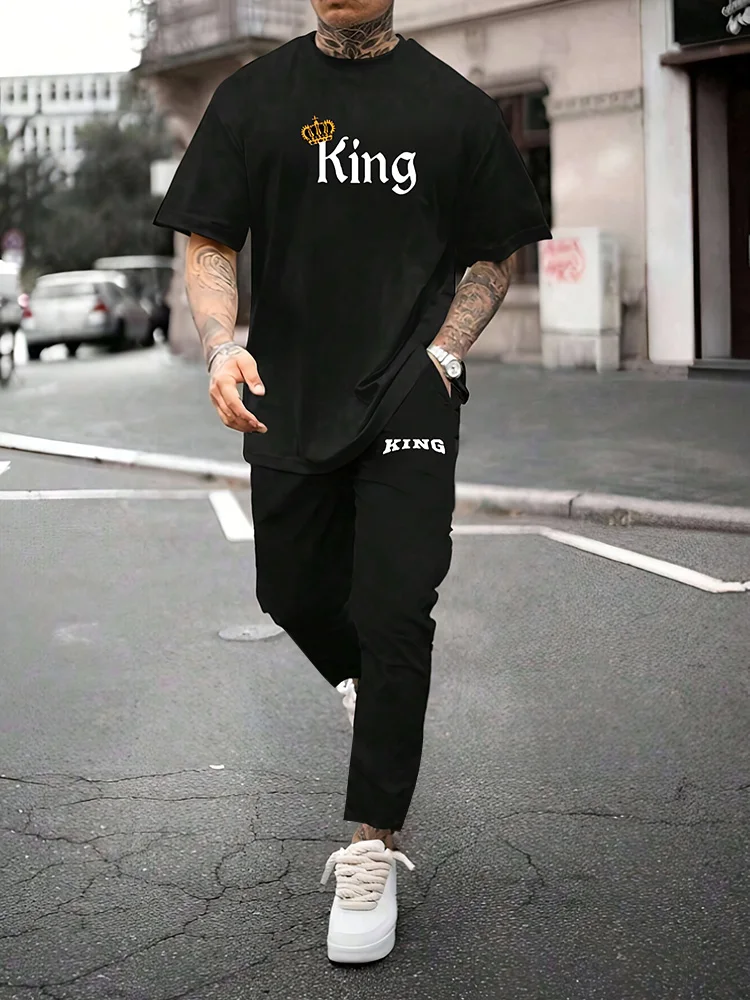 

2025 летний новый мужской костюм, повседневный модный однотонный комплект из двух предметов с буквенным принтом, удобная мужская одежда из мягкого полиэстера