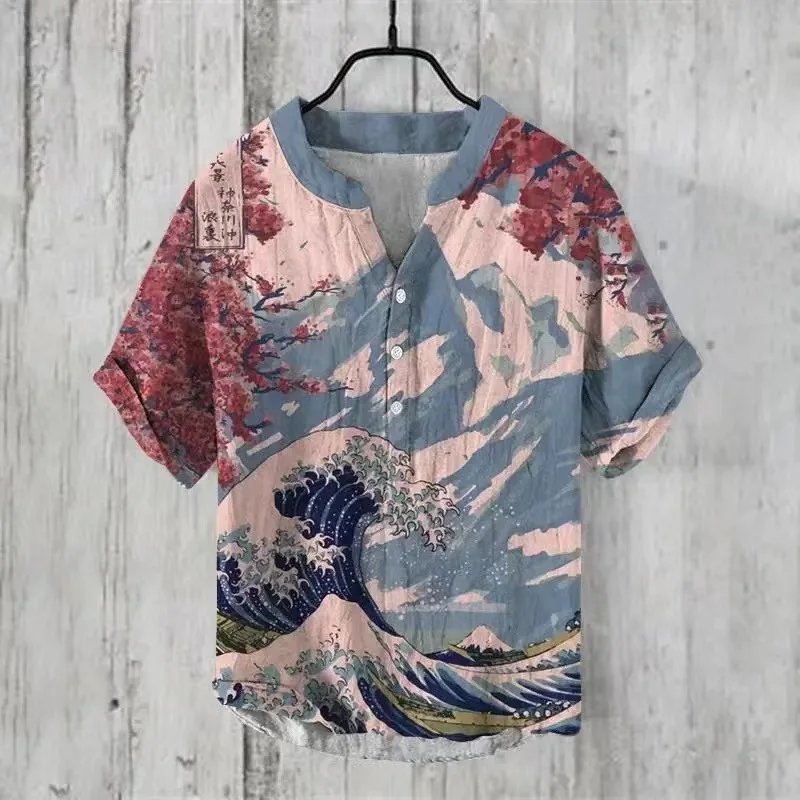 Tiki\'s best-selling European and American men\'s shirts, men\'s summer casual cute cat big wave V-neck 3 button pullover short sle