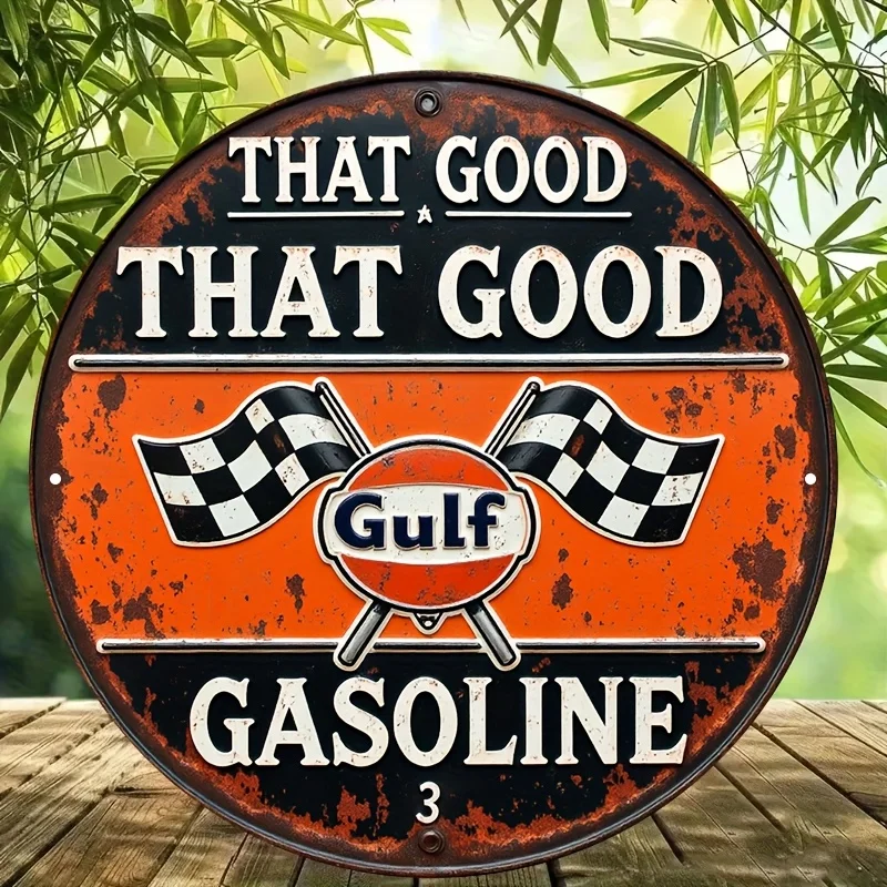 مسطح ثنائي الأبعاد، [مسطح] قطعة واحدة من لافتة معدنية عتيقة تعمل بالبنزين الخليجي - 20.32 × 20.32 سم ديكور حائط من الألومنيوم مع تصميم سباق، مثالي