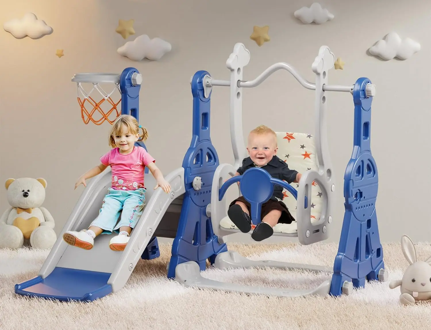 Set scivolo e altalena per bambini 4 in 1, scivolo per bambini di età 1-2 anni, con canestro da basket, set da gioco per bambini per interni ed esterni blu