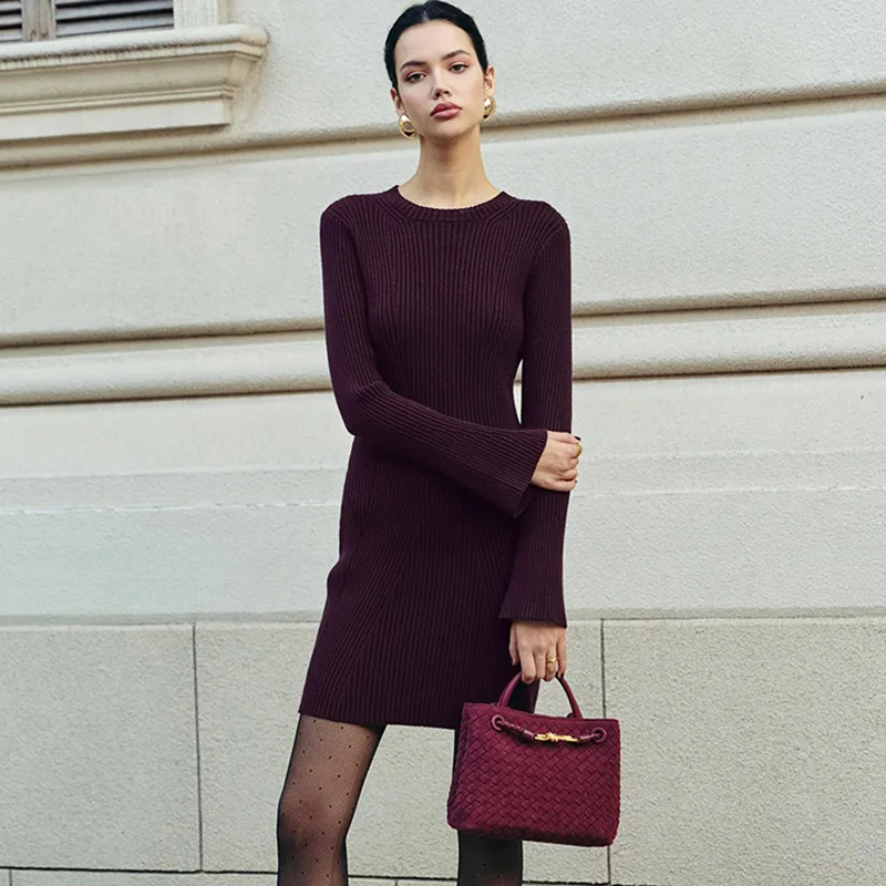 Ticketsx خمر جولة الرقبة طويلة الأكمام ميدي فستان منسوج الخريف الصلبة عالية الخصر فستان نحيل عارضة مكتب سيدة تخفيف وتتسابق