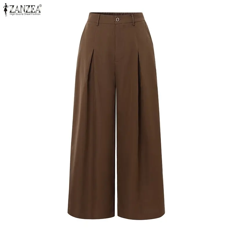 

Модные однотонные брюки ZANZEA с высокой талией, женские офисные брюки с широкими штанинами на молнии, летние элегантные повседневные свободные брюки 2026
