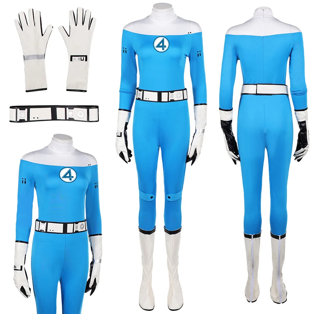

2025 Movie 4 Pieces Fantastic Cosplay Susan Storm Blue Jumpsuit Disguise Outfits Halloween Suit For Women Cloth Roleplay Costume