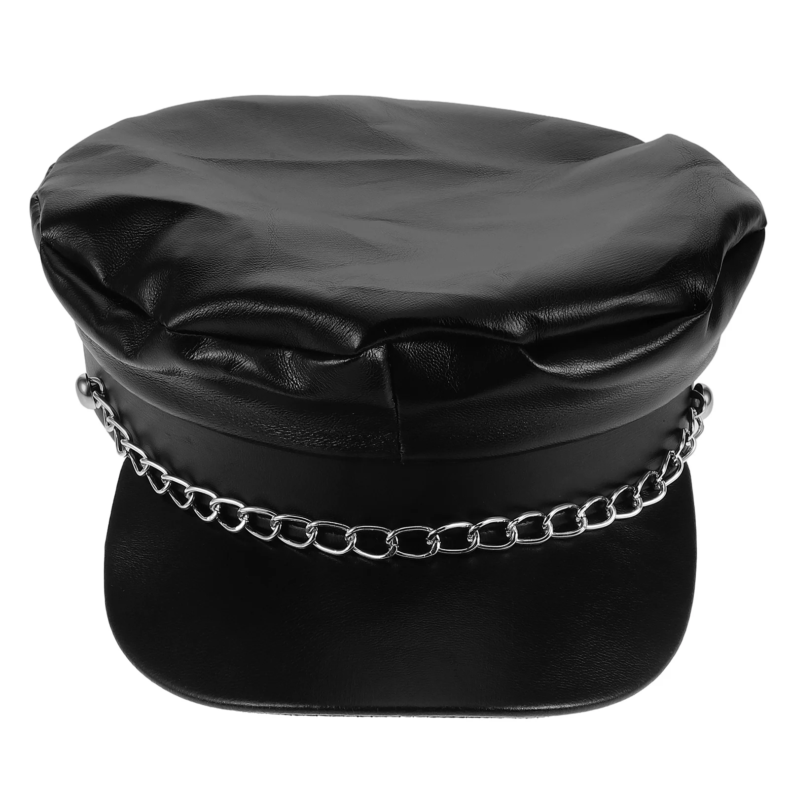 

Navy Cap Black Pu Flat Top Short Brim Chain Decor Vintage Newsboy Bakerboy Hat For Men Women Biker Pirate Costume Party
