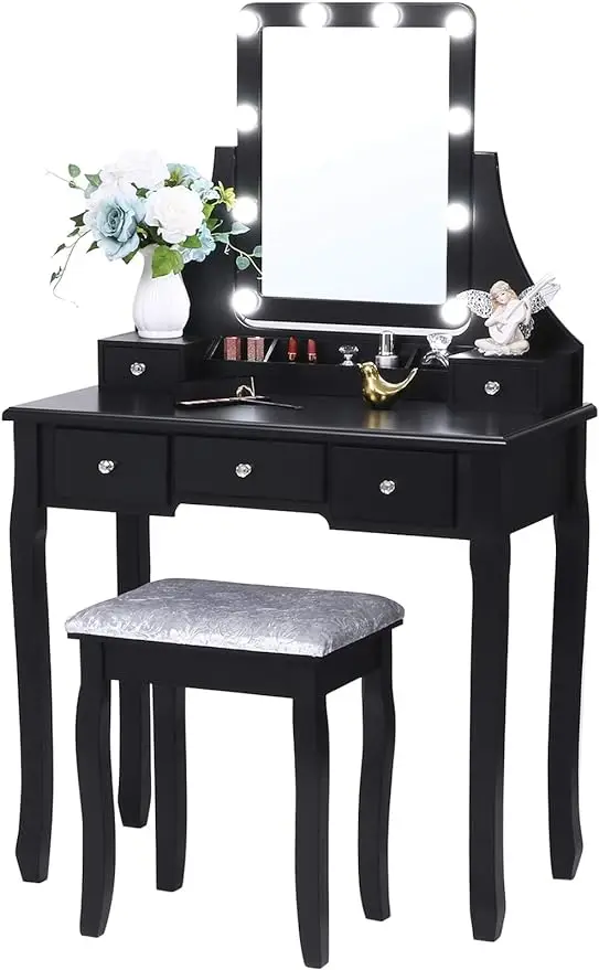 Vanity Set with Lighted Mirror, 10 LED Dimmable Bulbs, Cushioned Stool, Makeup Vanity Makeup Table Dressing Table 5 Dr