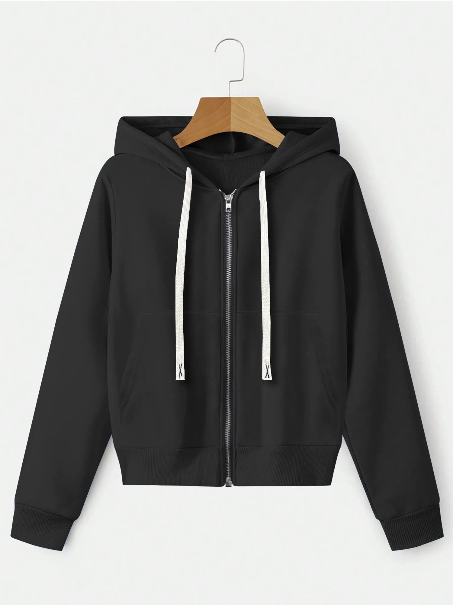 Damen Einfarbiges Old-School-Streetwear Crop-Hoodie mit Reißverschluss und Kordelzug, Langarm Basic-Oberbekleidung – Detail 5