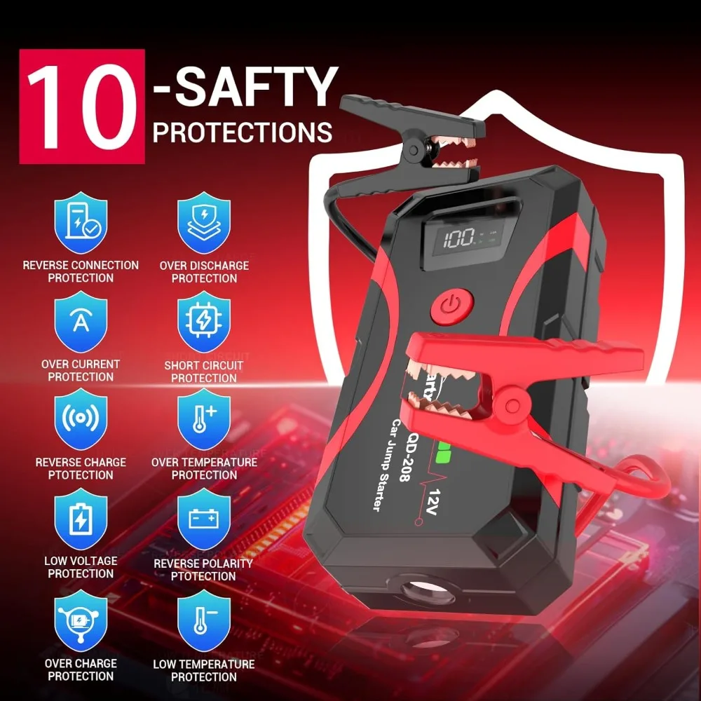 Arrancador de batería de coche 208, paquete de batería de energía portátil, caja de salto de pico de 2000A y 12V para motocicleta de hasta 7L de Gas y 4L diésel, 3 modos