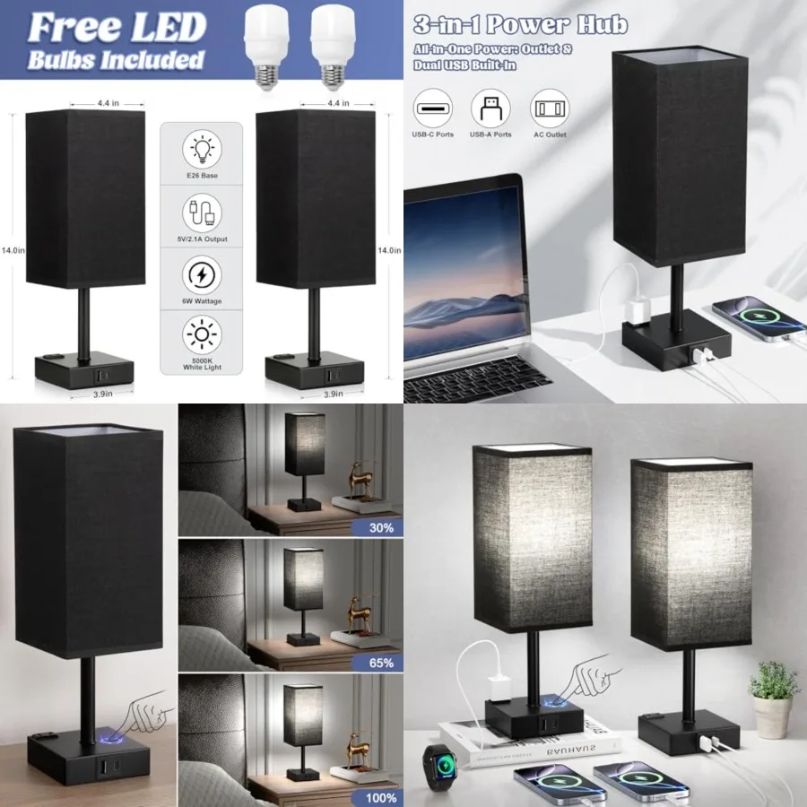 

Lamp for Nightstand Touch Table Lamp with Type C + A and AC Outlet, Square Charging Lamps for Bedroom Decor, Small Night Light