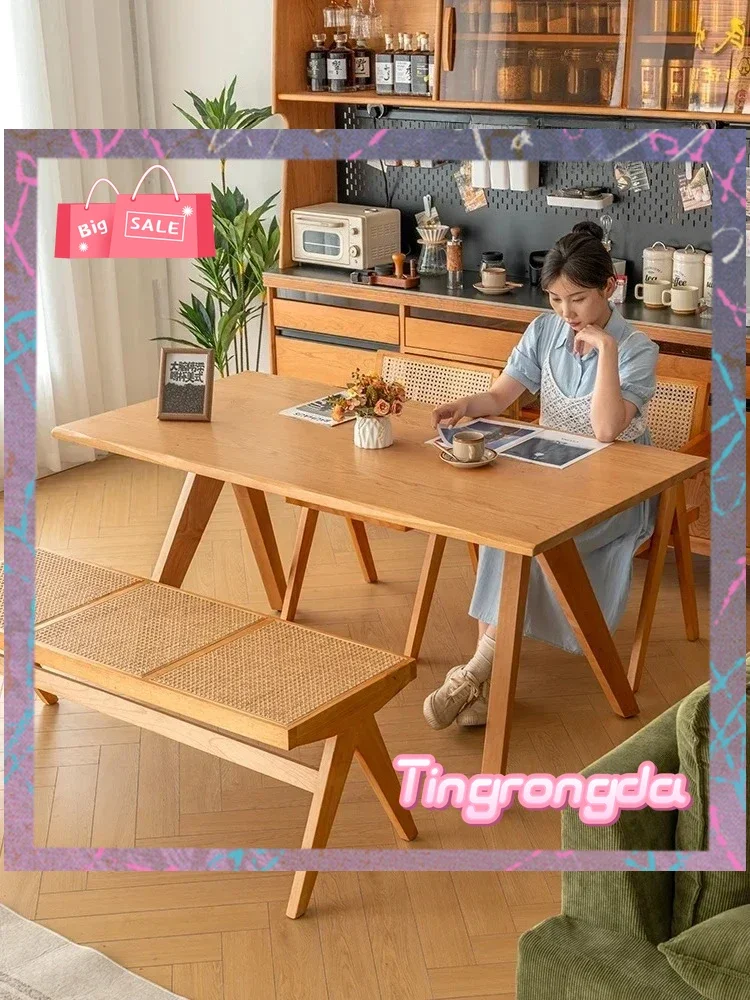 Y   Style Cream Style Solid Wood Rectangular Household Small Apartment Cherrywood Log Style Dining Table