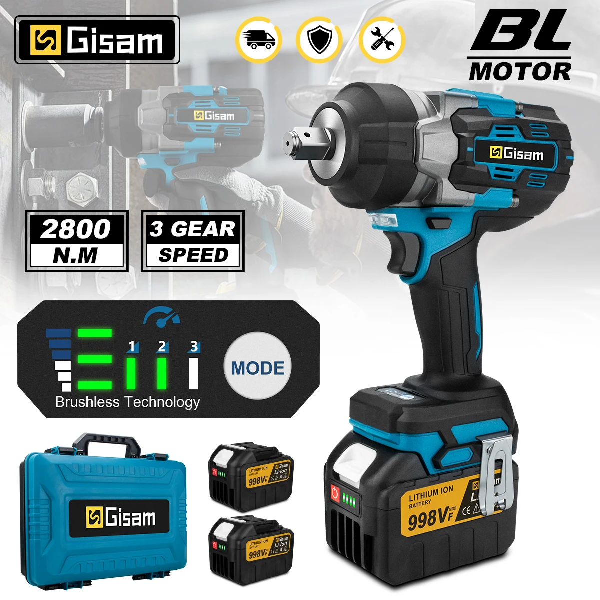 Gisam 2800N.M Brushless Electric Impact Wrench Cordless Electric Wrench 1/2 inch Screwdriver Power Tools for Makita 18V Battery