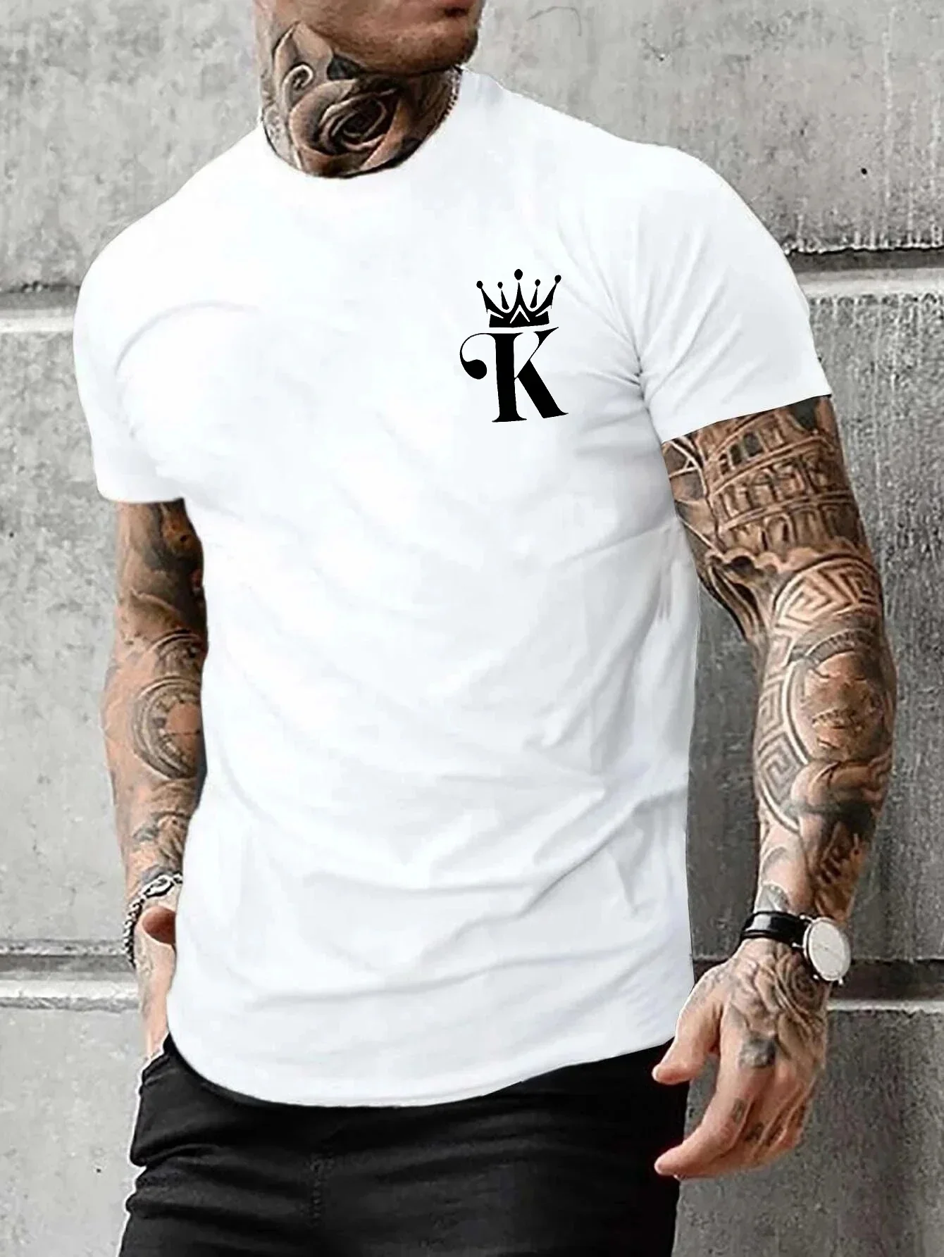 

Summer Round-neck Solid-color Men's Wear 100% Cotton Casual Loose-fitting Large K-printed Round-neck Short-sleeved T-shirt Top