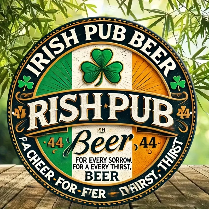 Vintage Irish Pub Beer Round Metal Sign - 8.0X8.0 inch, Colorful Four-Leaf Clover Design, Ideal for Home Bar, Restaurant, Game R