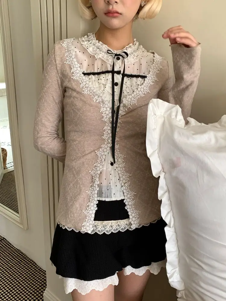 Japanische Damen-Shorts, 3-teiliges Set, süße Y2k-Jahre-Strickjacke + gepunktetes Hemd + Spitzen-Shorts, Harajuku, heiße Mädchen, elegante Mode, Emo