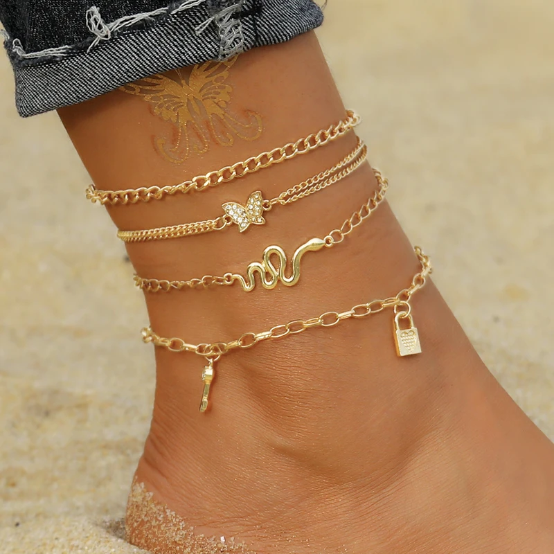 Bohemia Gold Color Snake Ankle Bracelet Set For Women Butterfly Key Lock Charm Anklet Chain On Leg Boho Jewelry Gift