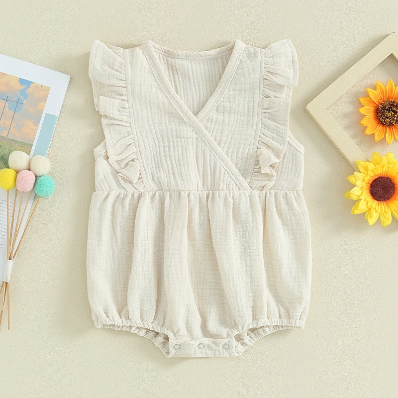 Newborn Baby Girl Romper Linen Cotton Ruffled Sleeveless Jumpsuit Infant Summer Clothes Outfit