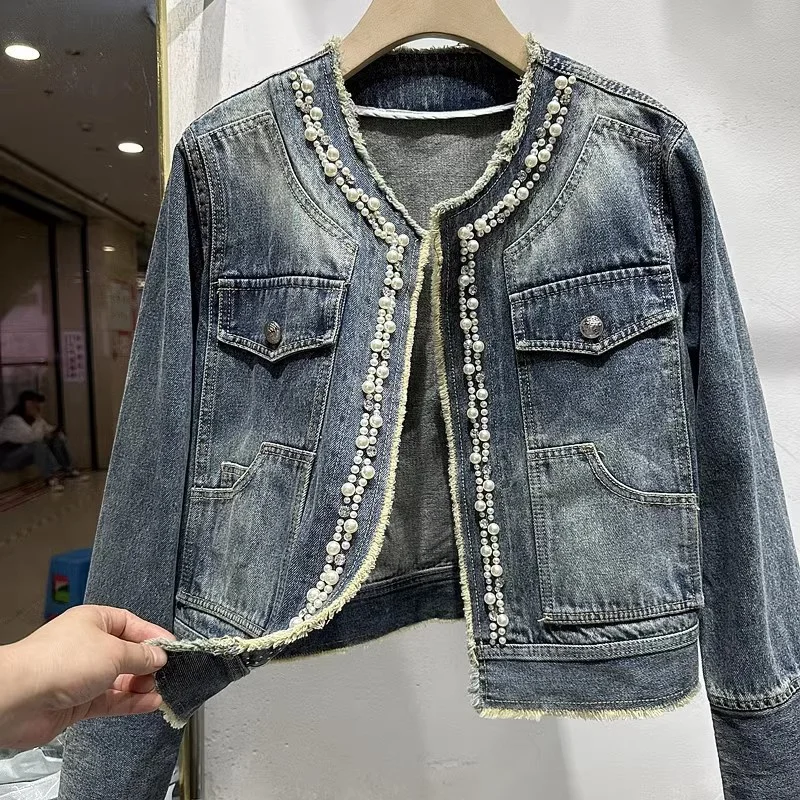 Perlen Denim Jacke Für Frauen Kurzen Mantel Frühling Herbst Mode Oansatz Raue-kanten Offenen Stich Tops Dame Streetwear Jean jacken