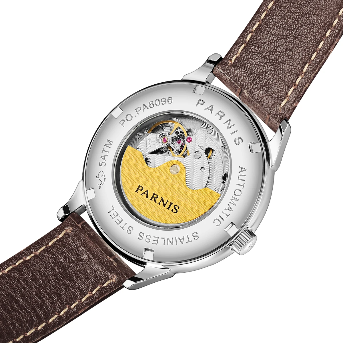 Imagem -06 - Parnis 42 mm Relógio Automático Mecânico st 1731 Date Pequena Segunda Pulseira de Couro Vermelho Amarelo Rosa Verde Branco Dial Polido