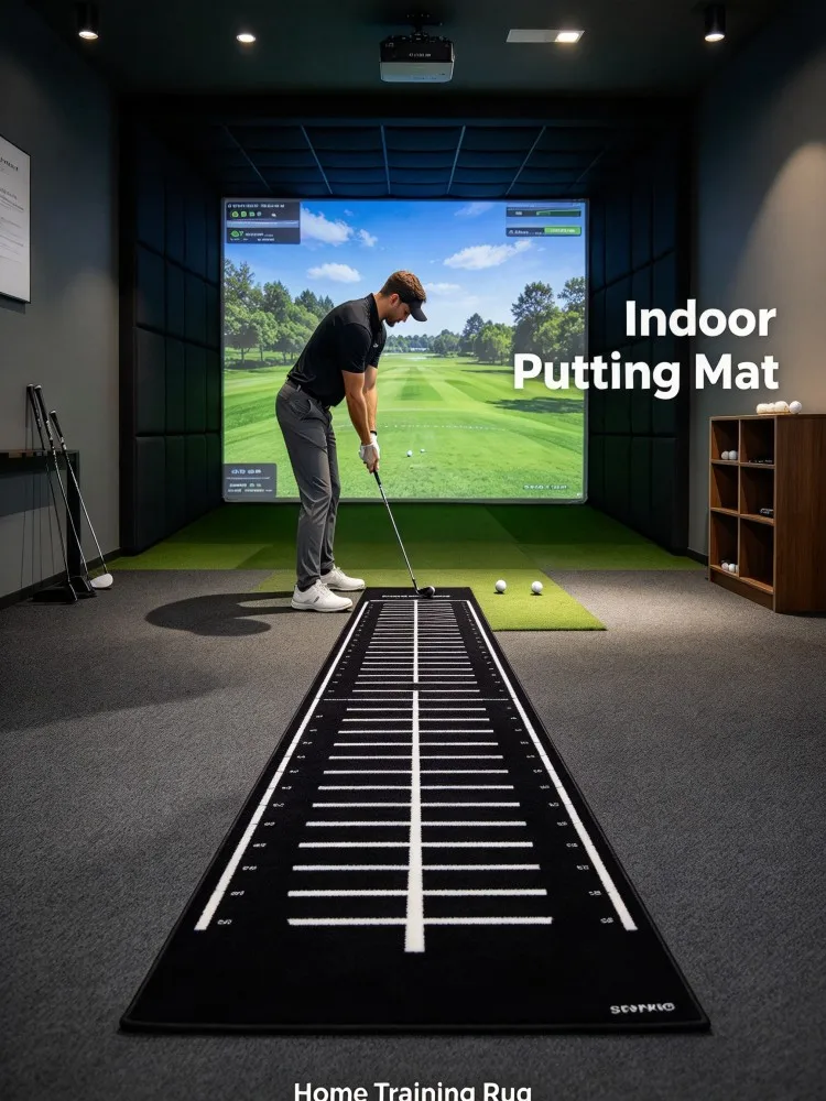 Black Golf Putting Alignment Training Mat, Long Practice Rug with White Guide Distance Markings, Portable Indoor Backyard Gar