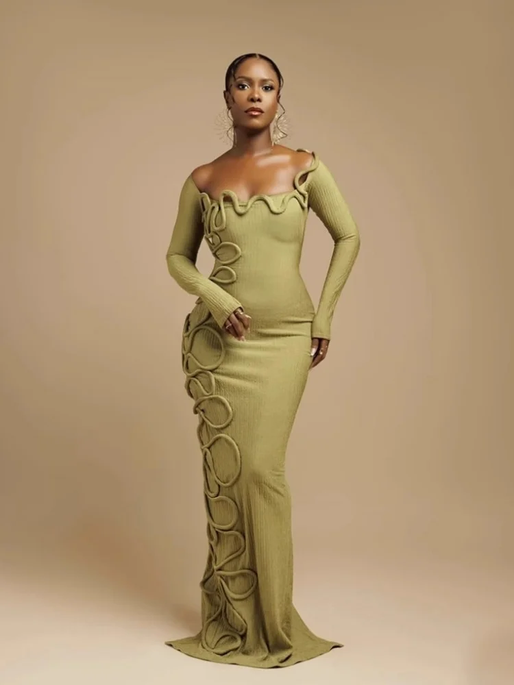 Wmstar Kleid für Damen, Großhandel, neu, plissiert, personalisierbar, verdrehtes Seil, verziert, quadratischer Ausschnitt, langärmelig, schlank, Frühling, Sommer 2025,